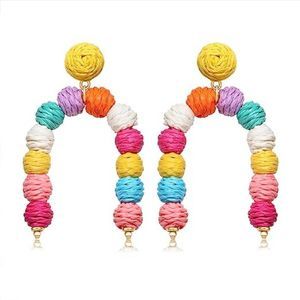 Rattan Earrings Boho Handmade Rattan Raffia Ball Arch Dangle Earrings